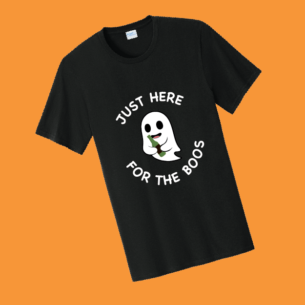 Black t-shirt with a ghost graphic and text on an orange background