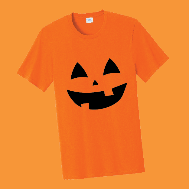 Orange t-shirt with a black pumpkin face design on an orange background