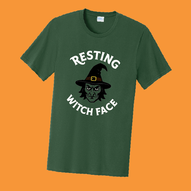 Green t-shirt with 'Resting Witch Face' graphic on an orange background