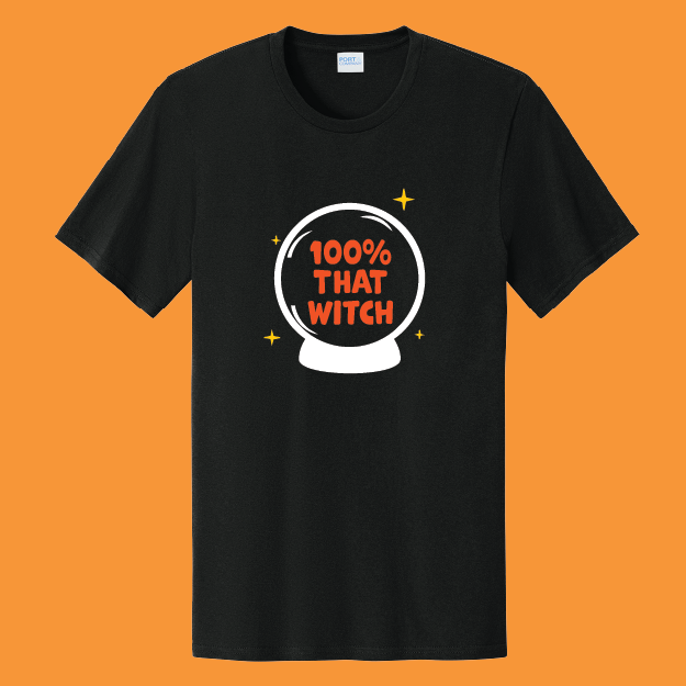 Black t-shirt with a graphic of a crystal ball and text on an orange background