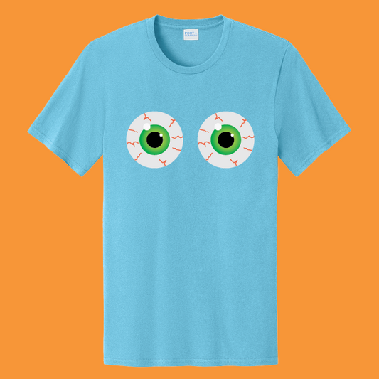 Blue t-shirt with eye design on an orange background
