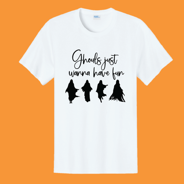 White t-shirt with black text and ghouls illustrations on an orange background
