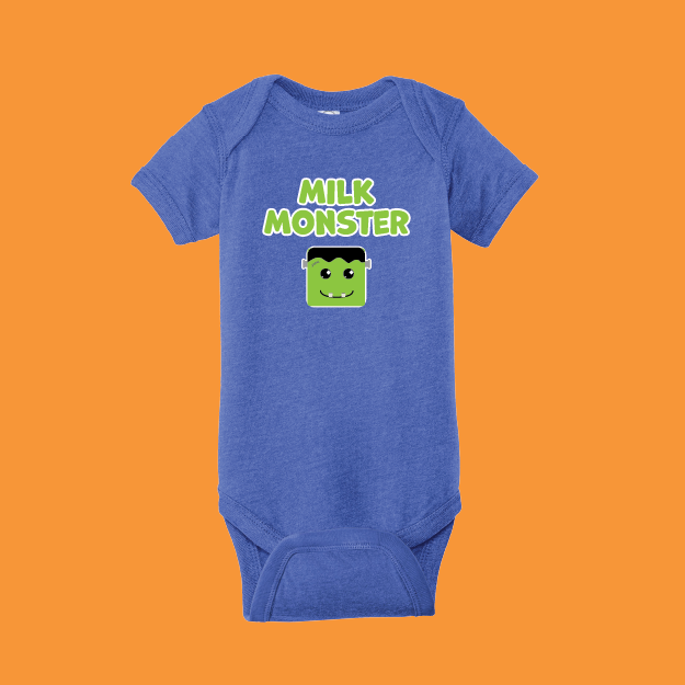 Blue baby onesie with 'Milk Monster' design on an orange background