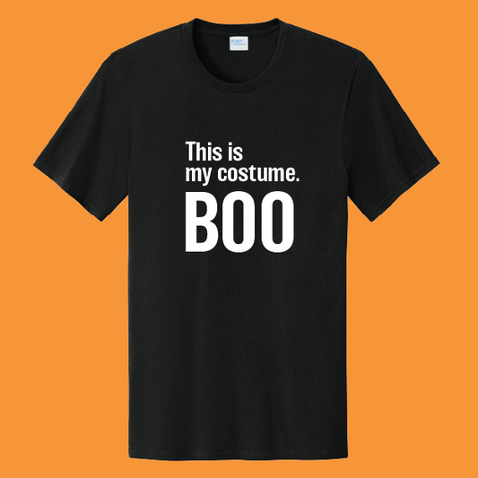 Black t-shirt with 'This is my costume. BOO' text on an orange background