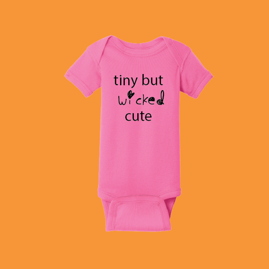 Halloween Pink Baby Onesie "Tiny But Wicked Cute" - Adorable Witch Pun Bodysuit