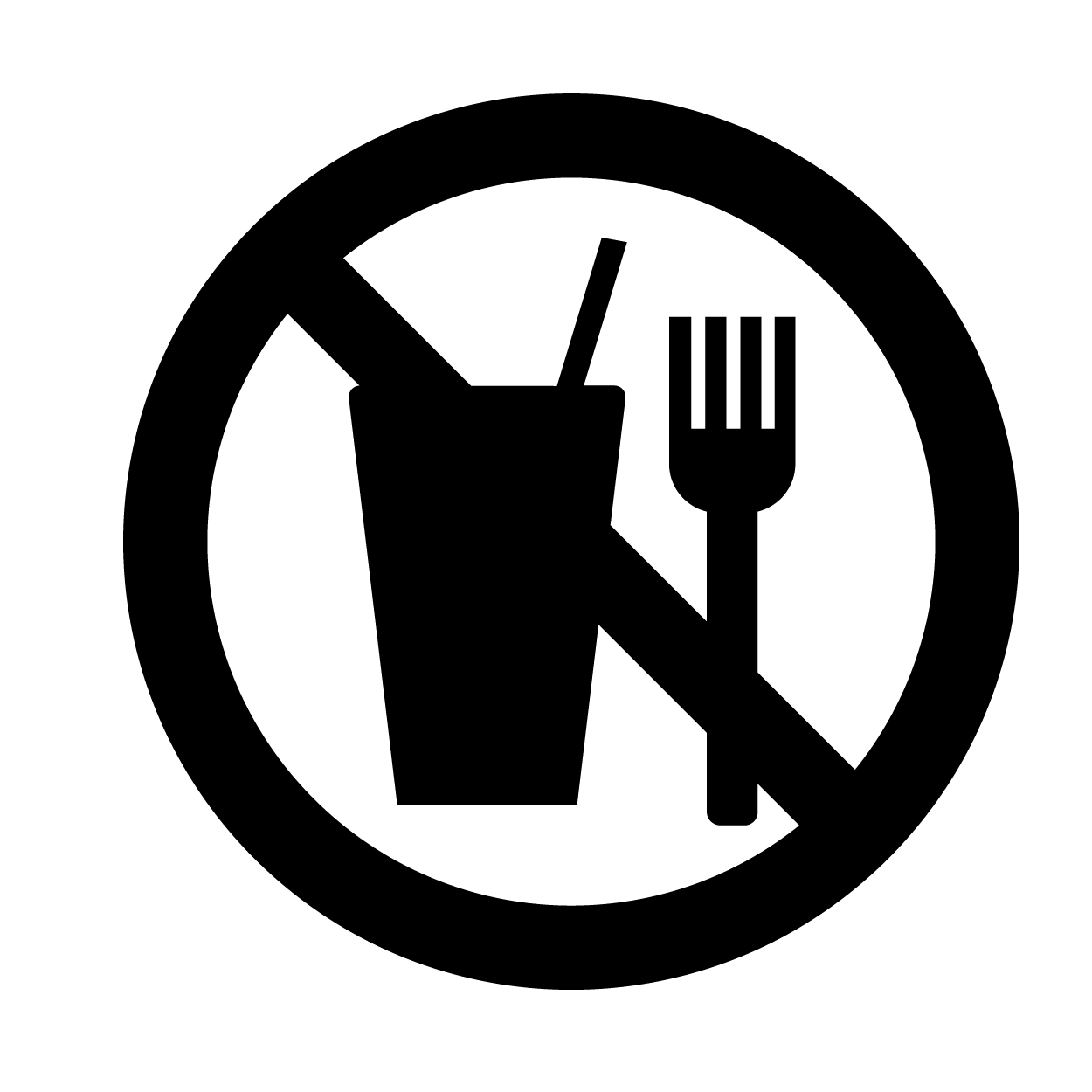 Prohibition symbol with a cup, fork, and straw crossed out on a white background