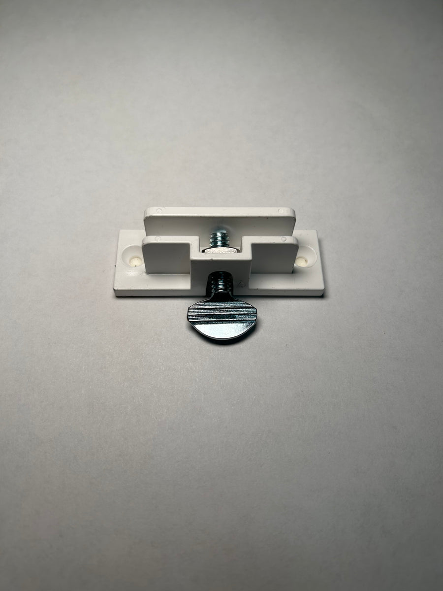 A single white PVC clip with two holes and an screw for perpendicular sign mounting on a grey background.