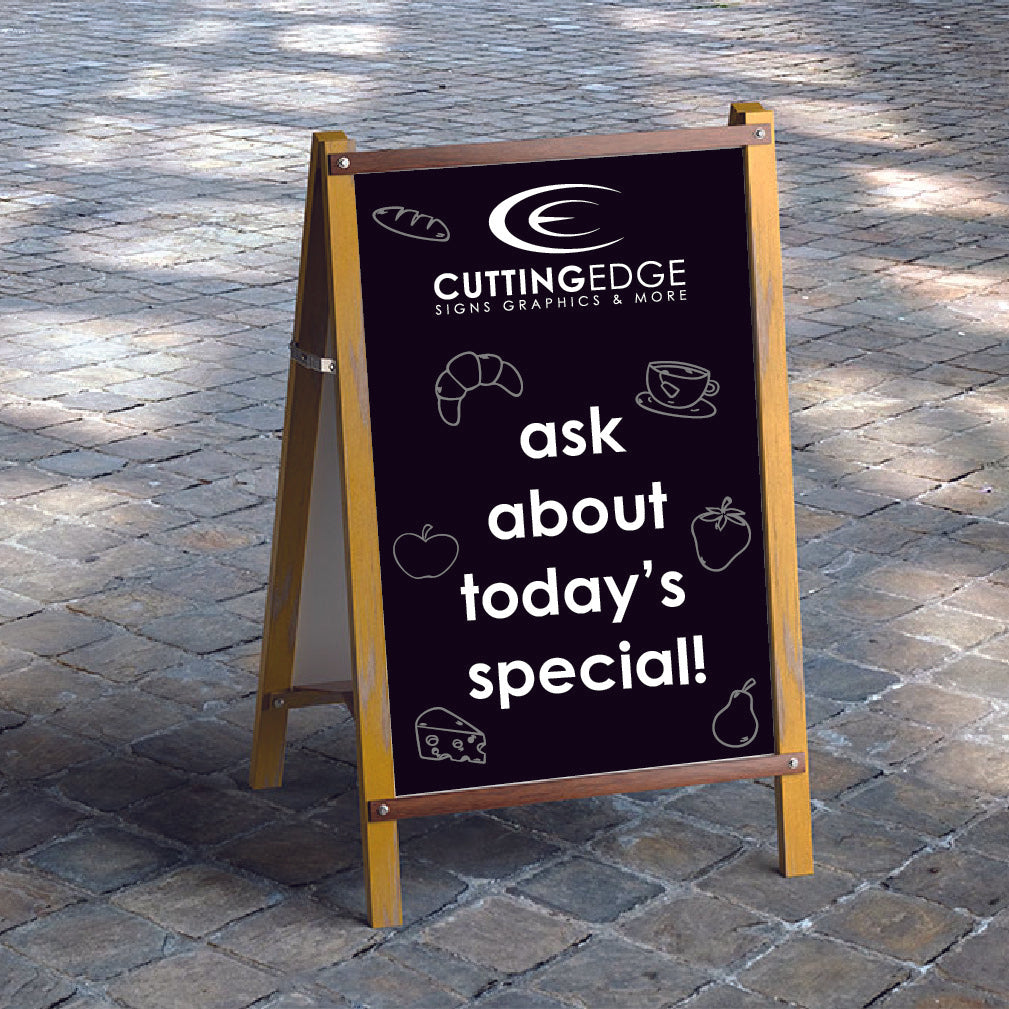 A-frame sign with custom printing inserts, designed for easy swapping of promotional or informational content. Ideal for businesses, events, or retail spaces, these replaceable inserts allow for quick updates and versatile messaging, ensuring your display is always fresh and relevant.
