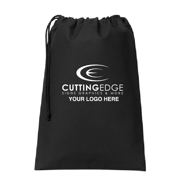 Black drawstring bag with 'Cutting Edge Signs Graphics & More' logo on a white background