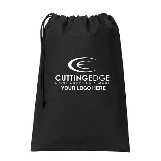 Black drawstring bag with 'Cutting Edge Signs Graphics & More' logo on a white background