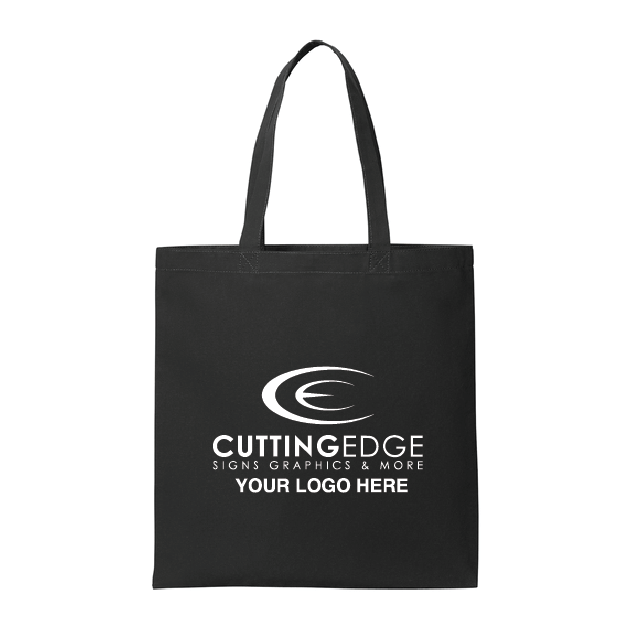Black tote bag with 'Cutting Edge Signs Graphics & More' logo on a white background