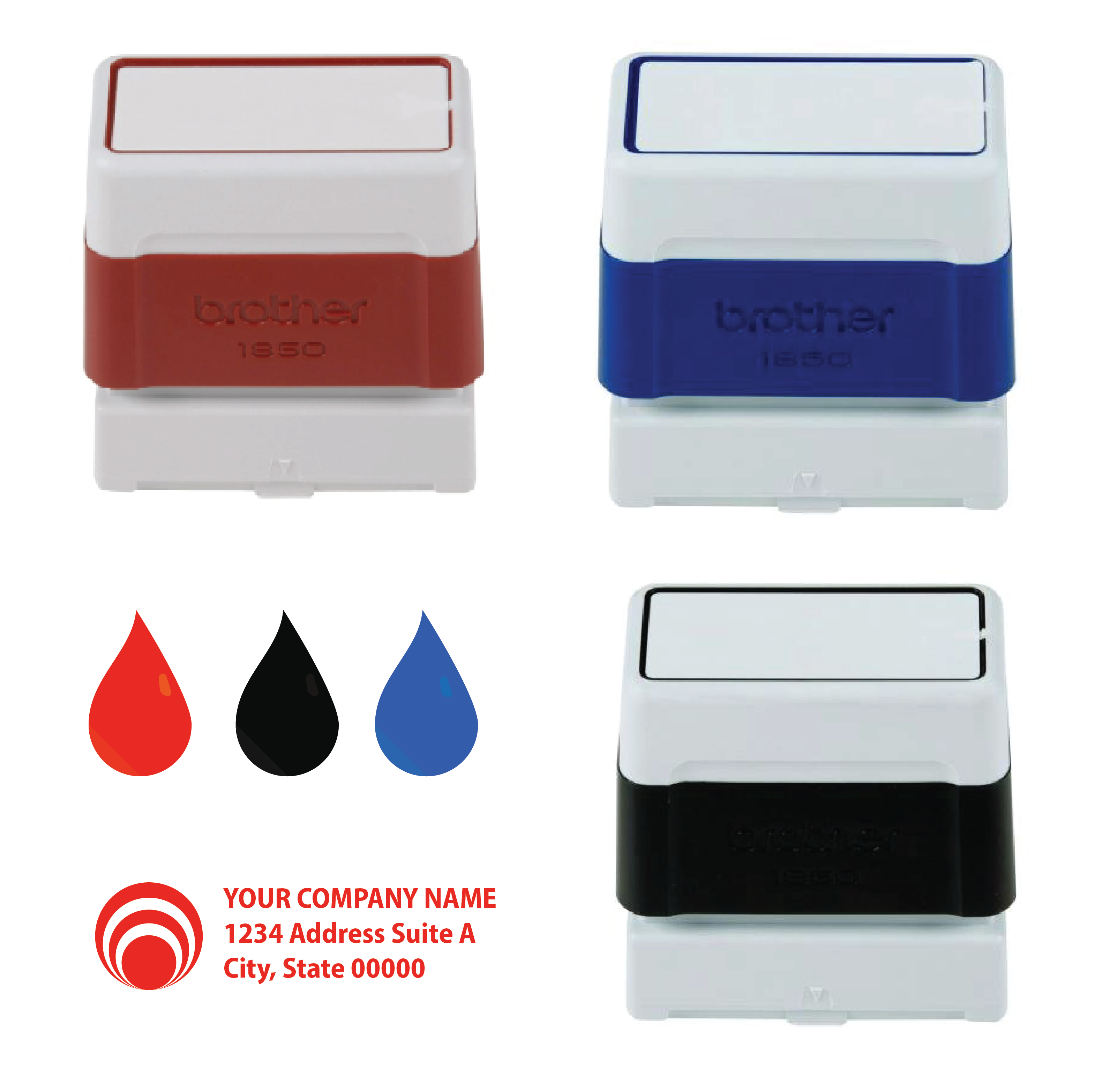 Photo showing the blue, red, and black Brother 1850 self-inking stamps with imprint options. Ideal for efficient and professional stamping, offering crisp, clean impressions in multiple colors for various business and personal uses.