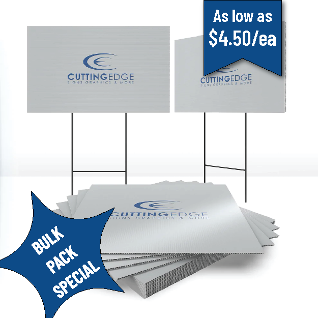 A stack of yard signs with a blue and white design, including graphical elements and text, with a special offer text overlay stating 'BULK PACK SPECIAL' and a price tag stating 'As low as $4.50/ea'.
