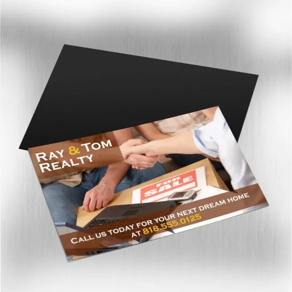 Real estate flyer for Ray & Tom Realty with a handshake and 'For Sale' sign.