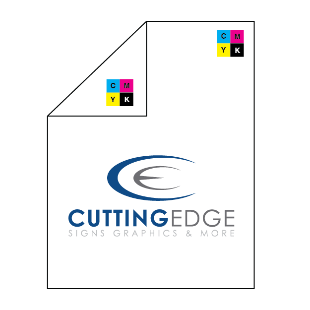 Logo of Cutting Edge Signs Graphics & More with CMYK color model inset on a white background