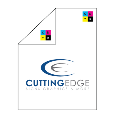 Logo of Cutting Edge Signs Graphics & More with CMYK color model inset on a white background