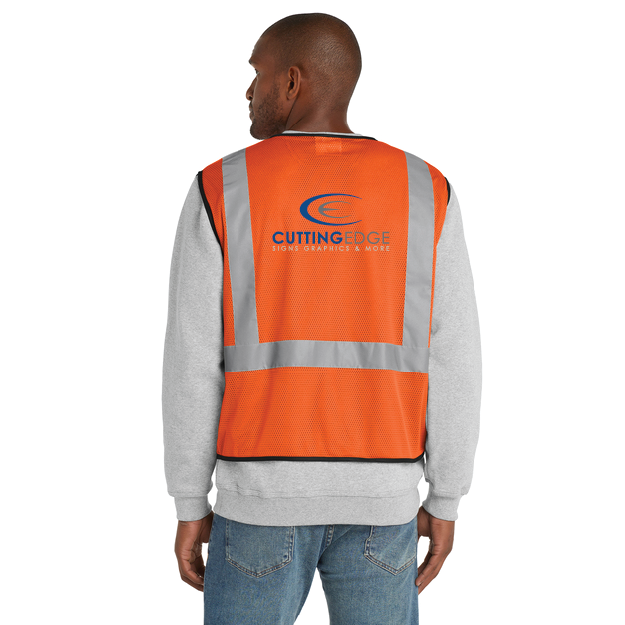 Person wearing an orange safety vest with 'Cutting Edge' logo on a white background