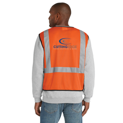 Person wearing an orange safety vest with 'Cutting Edge' logo on a white background