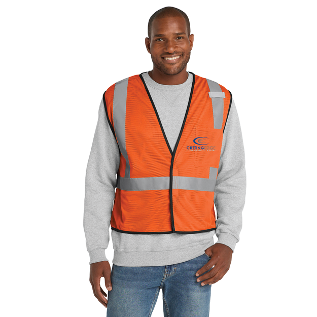 Man wearing an orange safety vest with a logo on a white background