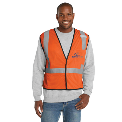 Man wearing an orange safety vest with a logo on a white background