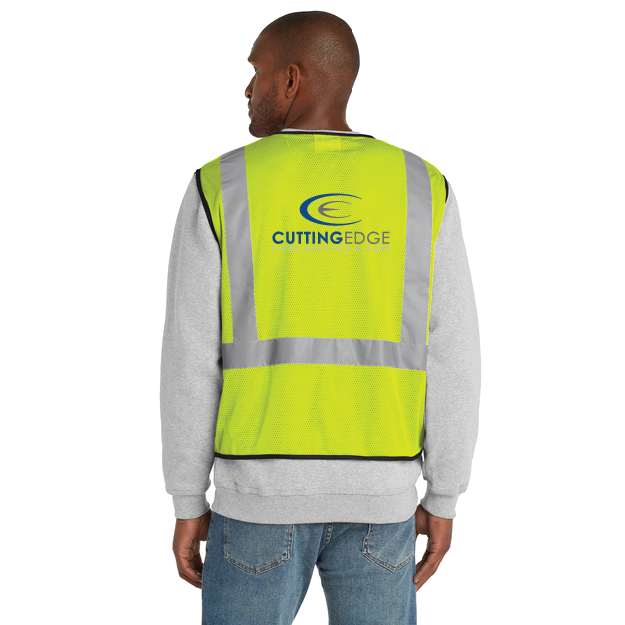 Person wearing a bright yellow safety vest with 'Cutting Edge' logo on a white background