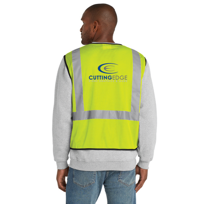 Person wearing a bright yellow safety vest with 'Cutting Edge' logo on a white background