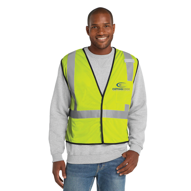 Man wearing a bright yellow safety vest with a visible brand logo on a white background