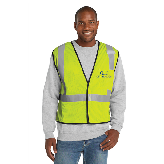 Man wearing a bright yellow safety vest with a visible brand logo on a white background