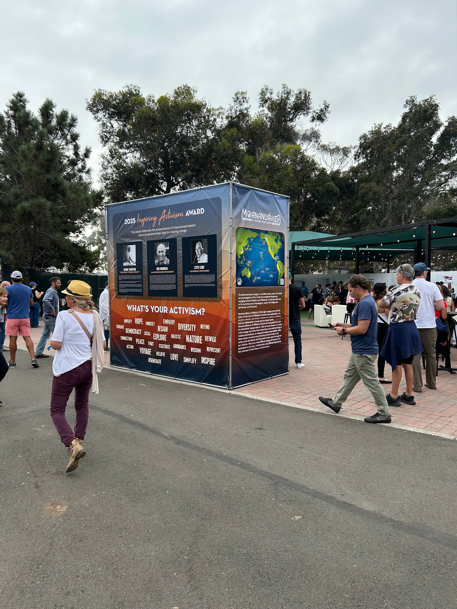 Information kiosk with people around it on a sidewalk