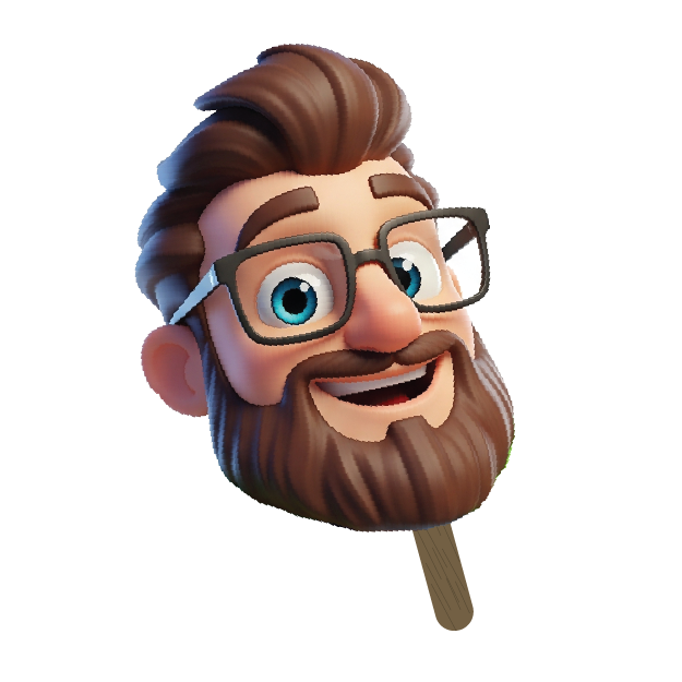 Cartoon character head with glasses and a beard on a stick against a white background
