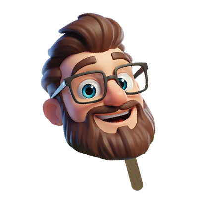 Cartoon character head with glasses and a beard on a stick against a white background