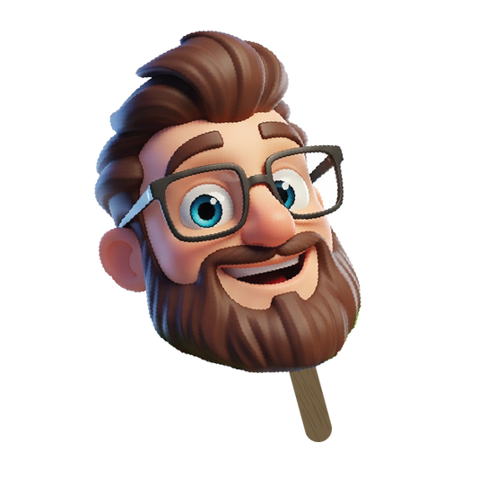 Cartoon character head with glasses and a beard on a stick against a white background