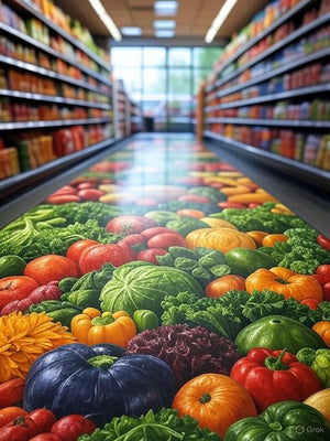 Supermarket aisle with colorful vegetables on the floor