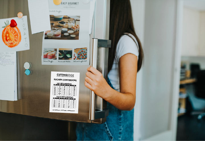 Custom printed magnet on a fridge, showcasing a personalized design or logo. Ideal for promotional giveaways, business branding, or personal use, this durable magnet adds a custom touch to kitchen decor while keeping your messages visible.