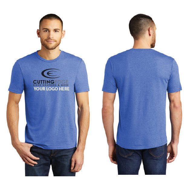 Blue t-shirt with 'Cutting Edge Graphics & More' text on a white background