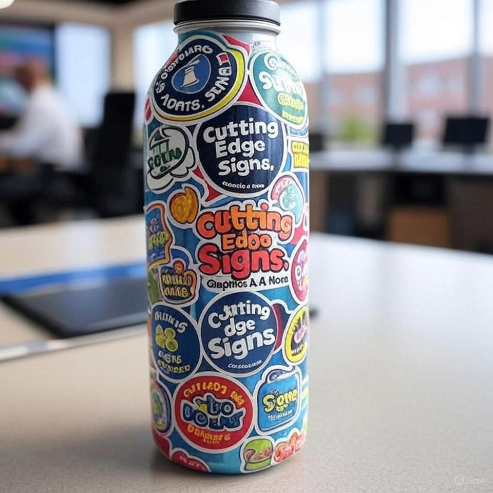 Multicolored bottle with 'Cutting Edge Signs' branding on a desk.