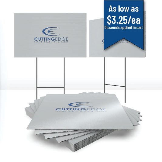  Yard signs with customizable options displayed, including different sizes and shapes, with a focus on the CuttingEdge brand logo.