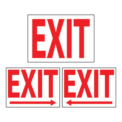 Three red 'EXIT' signs with arrows on a white background