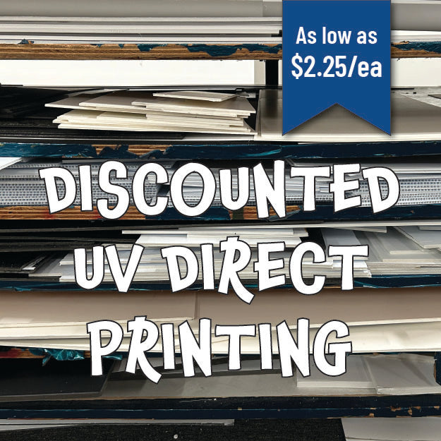 Promotional image for discounted UV direct printing, featuring text over layers of paper and substrates.