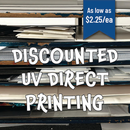 Promotional image for discounted UV direct printing, featuring text over layers of paper and substrates.