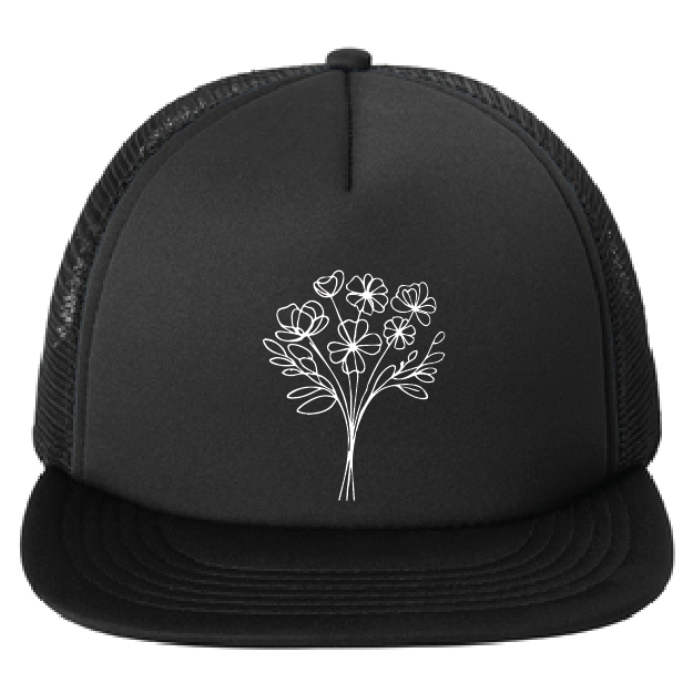 Black trucker cap with white floral design on a white background