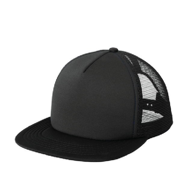 Black trucker cap with mesh back on a white background