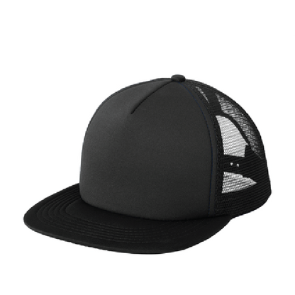 Black trucker cap with mesh back on a white background