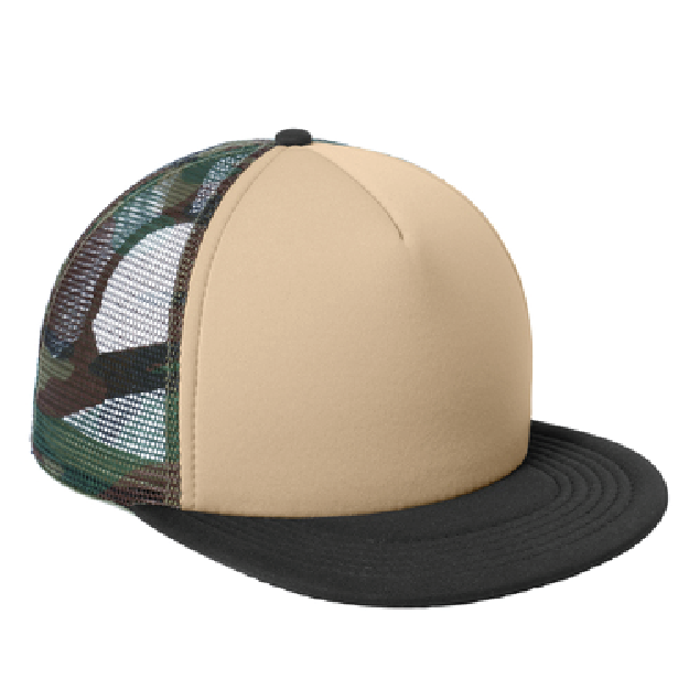 Beige trucker cap with camouflage mesh back on a white background