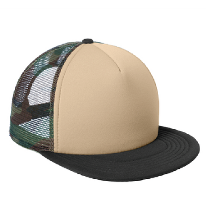 Beige trucker cap with camouflage mesh back on a white background