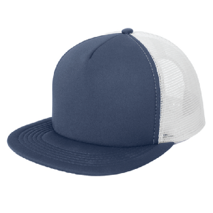 Blue and white trucker cap on a white background