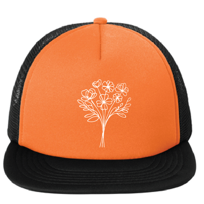 Orange and black cap with a white floral design on a white background