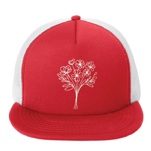 Red and white cap with floral design on a white background