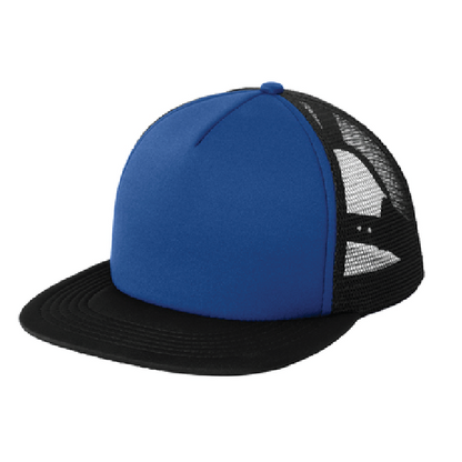 Blue and black trucker cap on a white background