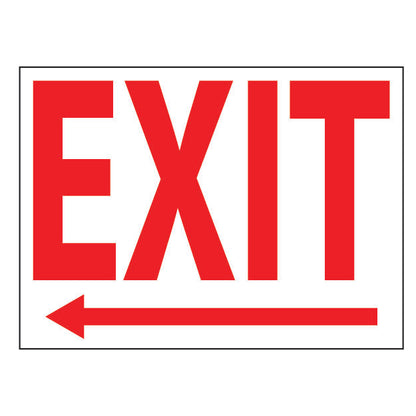 Red 'EXIT' sign with an arrow on a white background